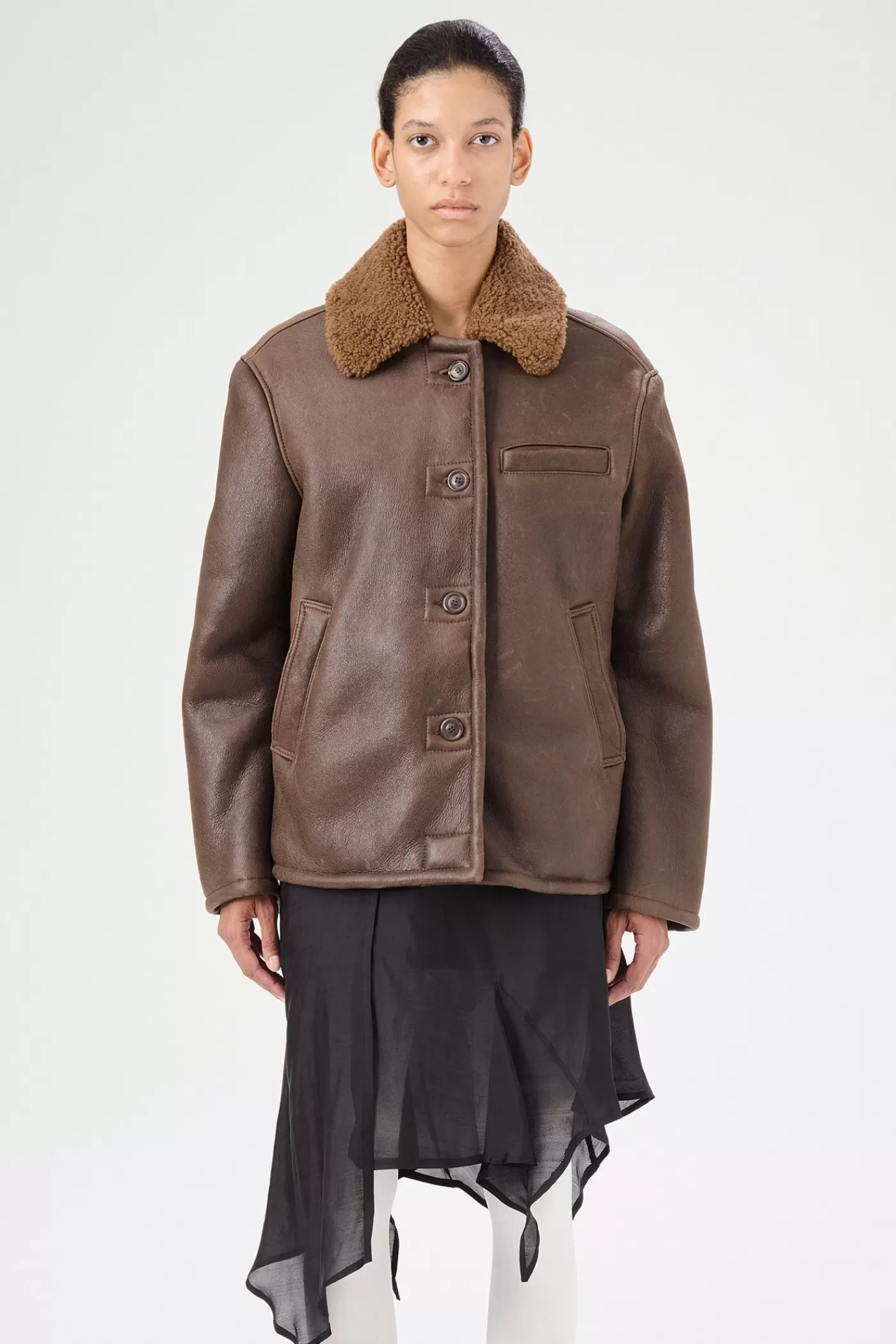 Clearance Rustic Grain Brown Shearling Women Leather